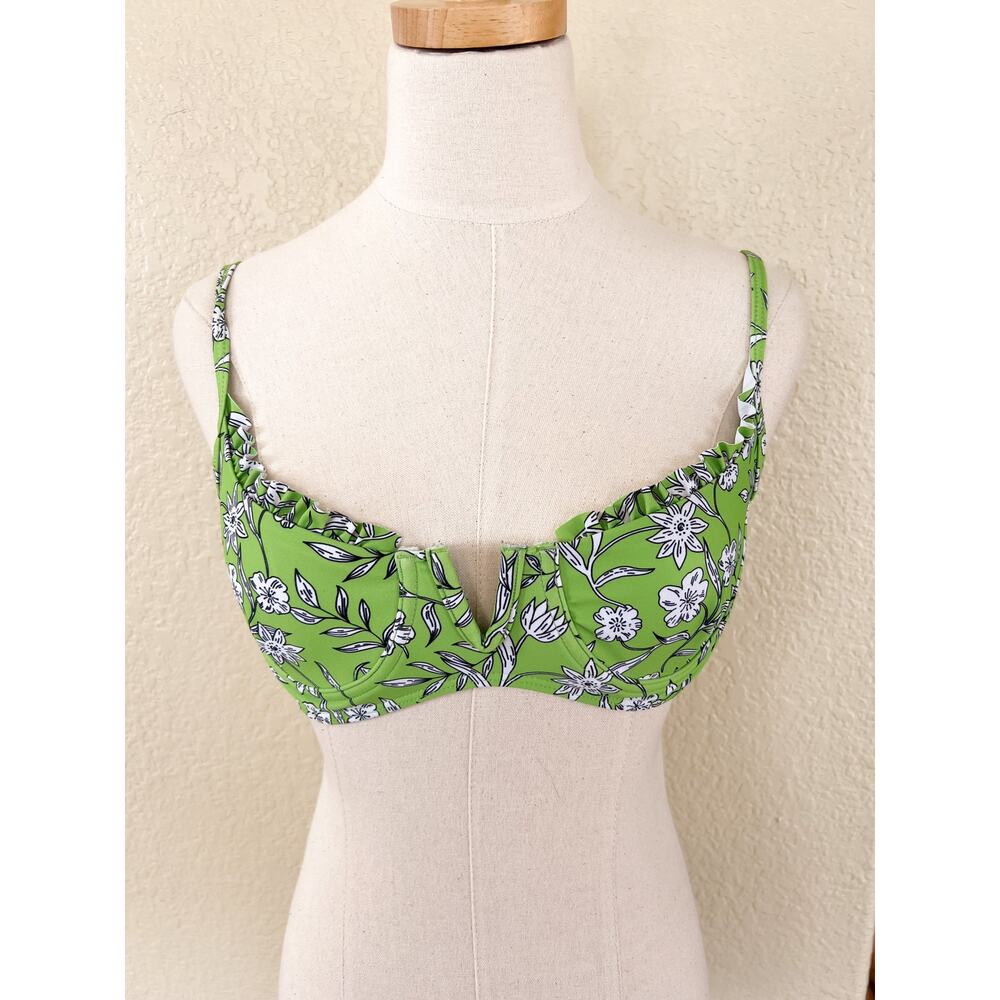 ZAFUL Green Floral Swim Top Small 4 Balconette Swim Top Ruffle Tie Back